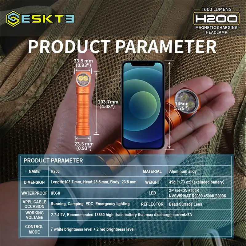 ESKTE-SKILHUNT H200 3 contas de lâmpada LED, canais de 2 cores, branco, vermelho, 18650, USB, carregamento magnético, farol ao ar livre