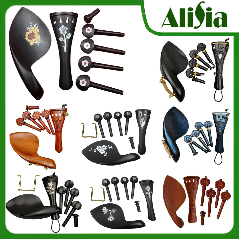 Different Violin set Pegs Tailpiece Chinrest Endpin Carved Fiddle Accessories Fittings Ebony Jujube Wood Pearl Shell Inlays