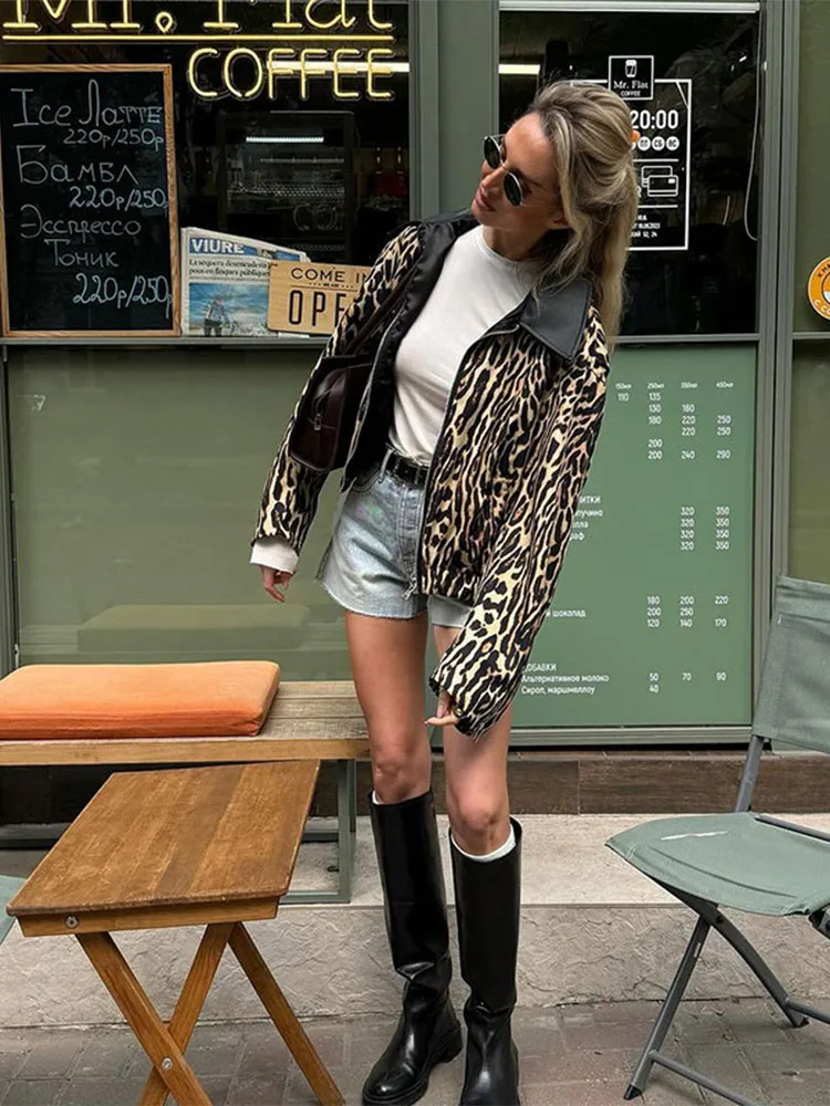 2024 Fashion Leopard Print Woman\'s Short Jacket Long Sleeve Turn Down Collar Zipper Cropped Coat Lady Chic High Street Outerwear