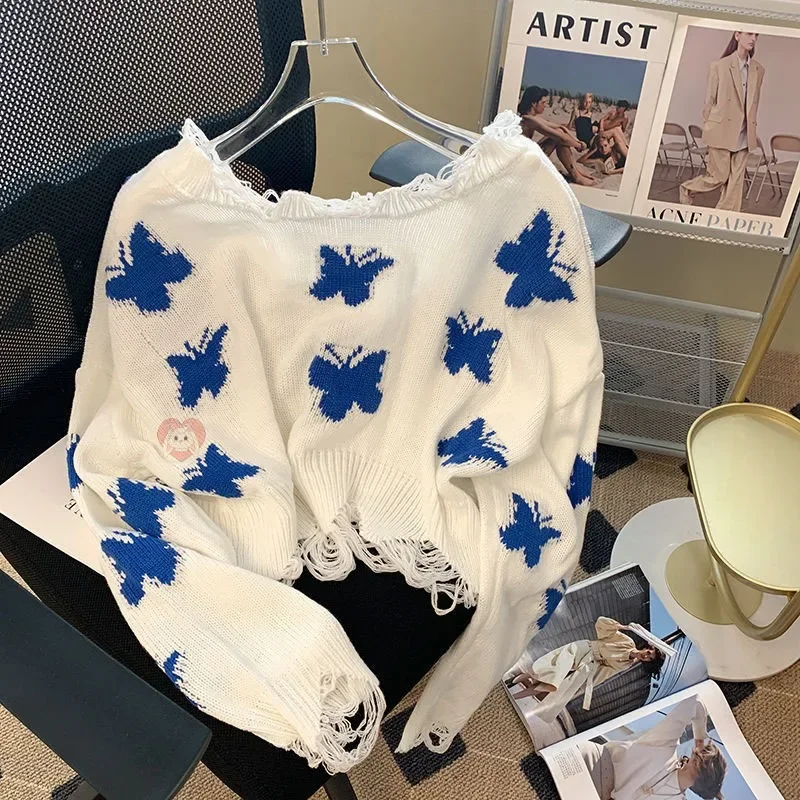 Off Shoulder Ripped Sweater Short Pullover Butterfly Knit Top White Jumper Pull Femme Y2k Korean Fashion Sueter