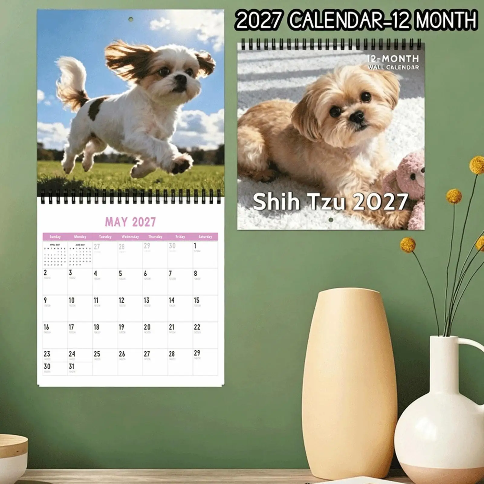 2027 Wall Calendar Cute Shih Tzu Dog Pet Spiral Calendar Thick Bleed Proof Paper Large Writing Grid Home Decor New Year gifts