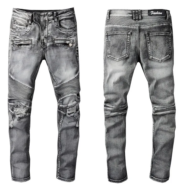 

High quality AMIR fashion brand high street three-dimensional cut pants motorcycle slim fit elastic small leg jeans