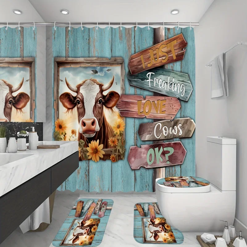 4PCs sunflower cow printed shower curtain set, waterproof shower curtain with 12 hooks, non-slip bathroom rug, toilet U-shape