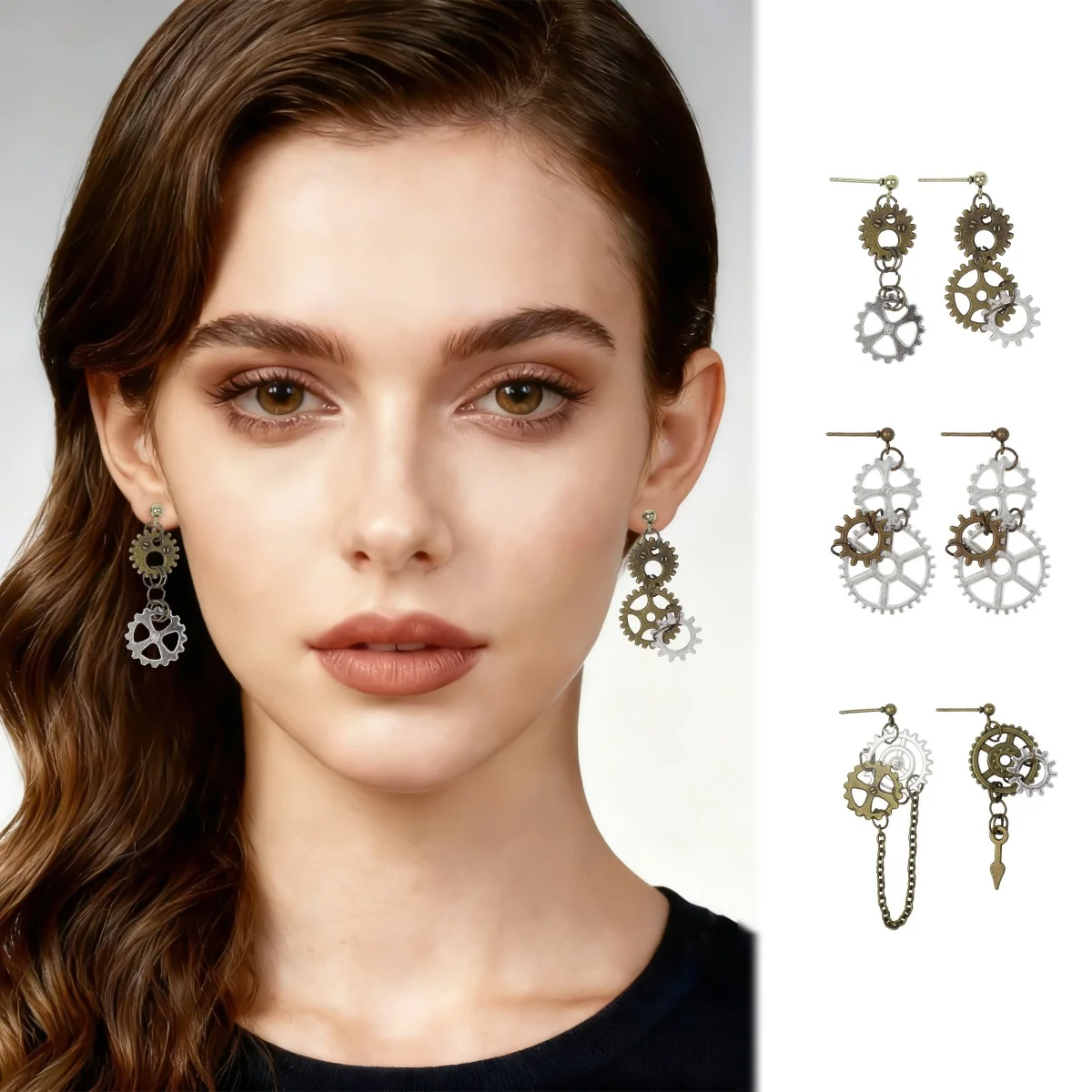 Steampunk Gear Earrings, Asymmetric Vintage Metal Gear Dangle Earrings, Unique Gothic Punk Jewelry for Women