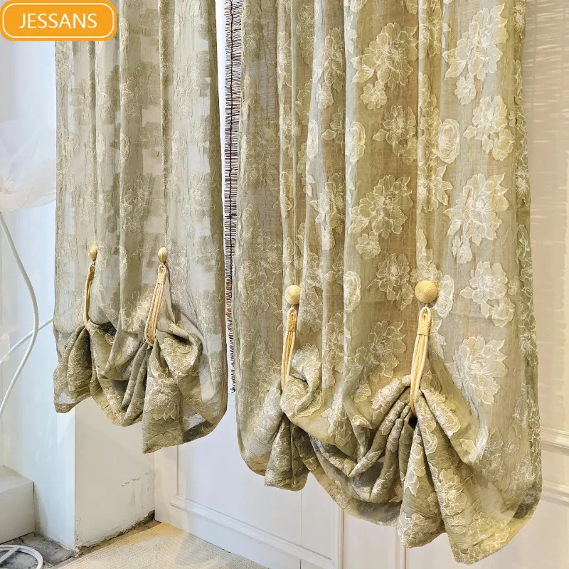 Green Relief Rose Window Curtains for Living Room Bedroom Balcony Bay Window Customized Partition Curtain Finished Product
