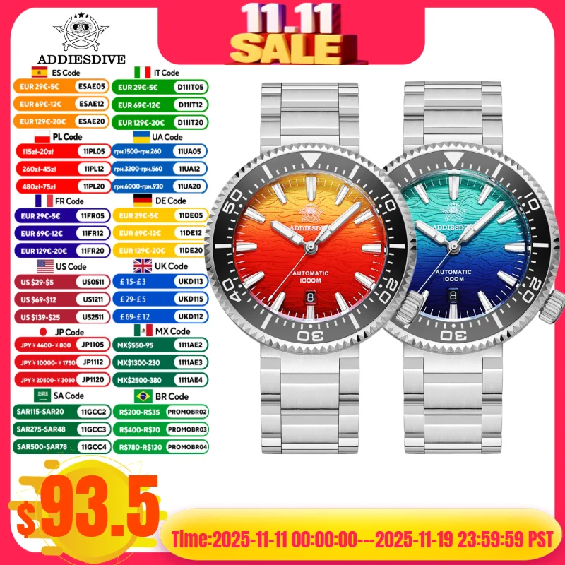 

ADDIESDIVE Men Watch 100Bar Waterproof 8215 Movement Sapphire Glass BGW9 Luminous Reloj Hombre Automatic Mechanical Watch AD2526