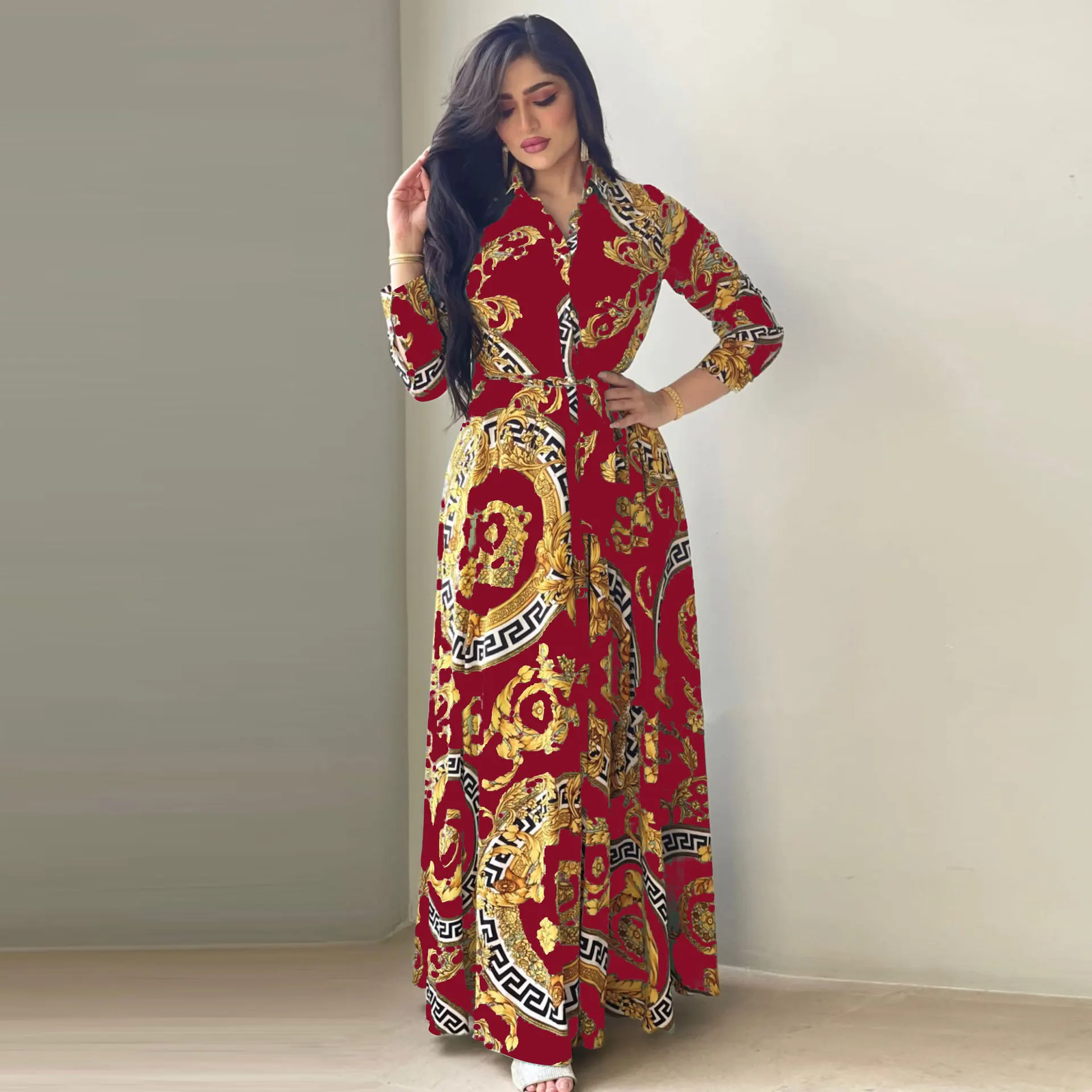 Ethnic Print Maxi Dresses for Women Single-breasted Lapel Shirt Dress Dubai Turkey Arabic Oman Middle East Clothing 2022 New