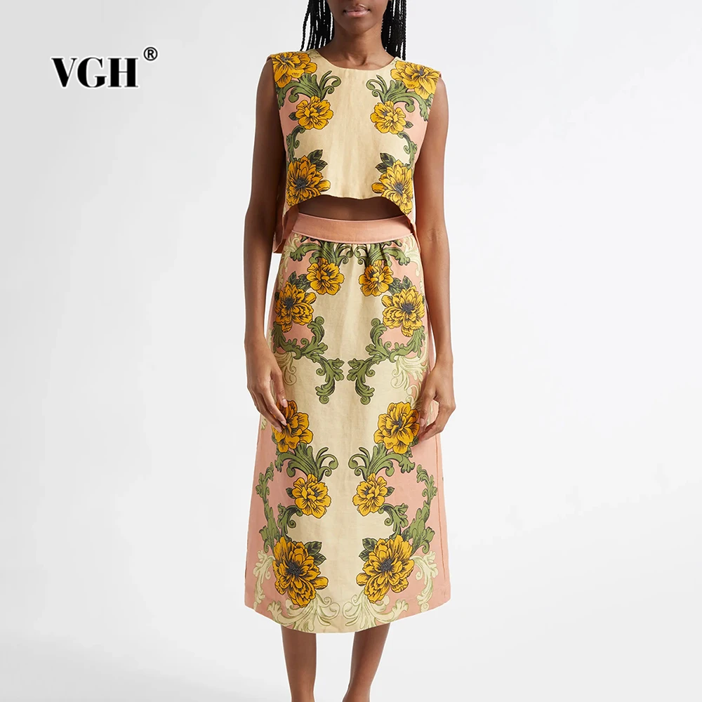 

VGH Casual Floral Printing Two Piece Sets for Women O Neck Sleeveless Backless Top High Waist Midi Skirt Holiday Suit Female New