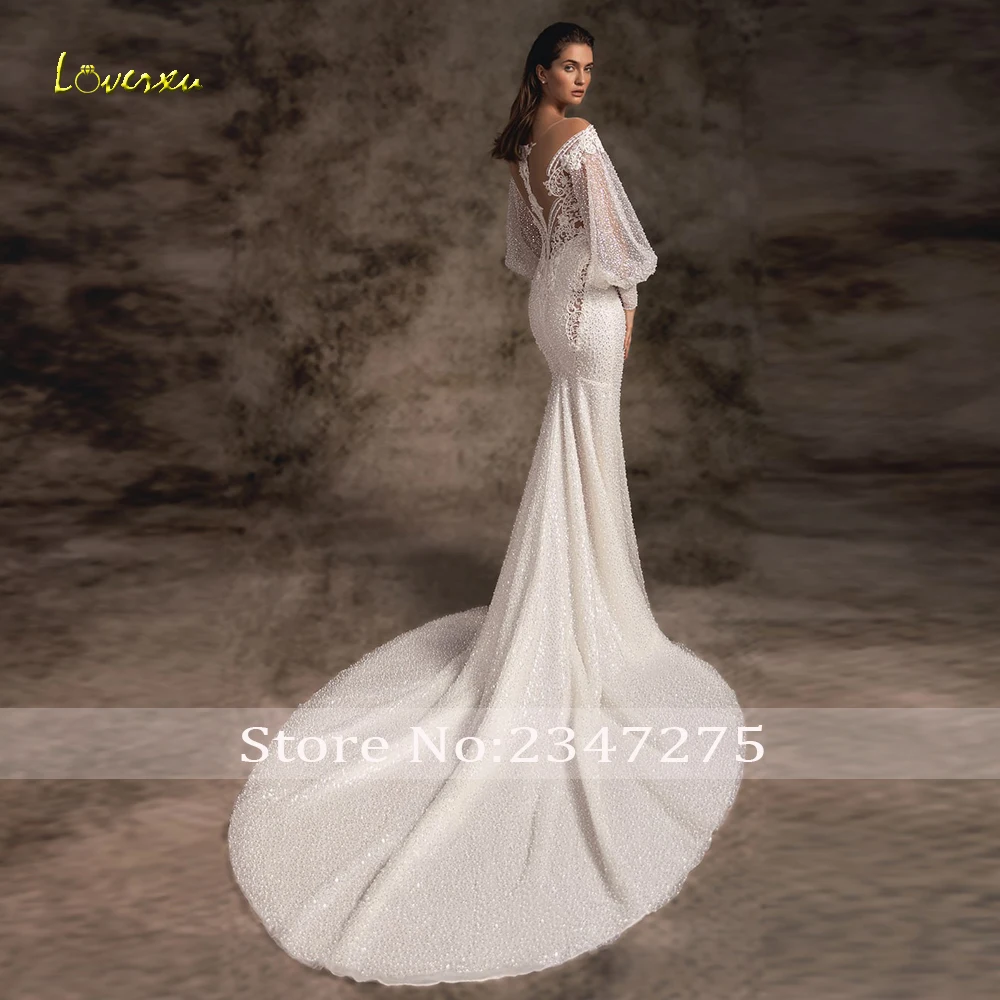Loverxu Mermaid Wedding Dresses Sweetheart Long Puff Sleeve Vestido De Novia Lace Beaded Elegant Trumpet Custom Made Bridal Gown