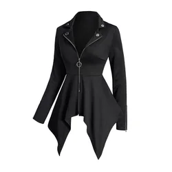 Dressfo 2024 Womens Gothic Coats O Ring Zip Up Asymmetrical Hem Punk Coat Solid Color Mock Button Handkerchief Coat Black Tops