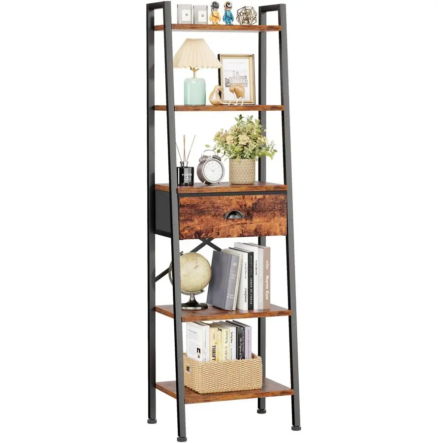 

5 Tier Ladder Shelf, Tall and Narrow Bookshelf with Drawer,Standing Bookcase Units, Industrial Open Display Shelves Organizer fo