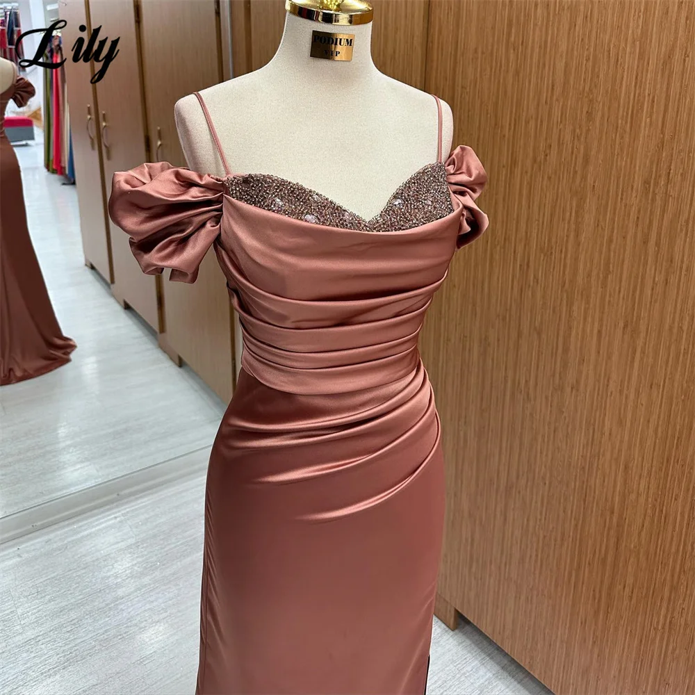 Gaun Prom Satin tali Spaghetti Lily gaun malam bahu terbuka dengan gaun pesta manik kesayangan belahan samping OS OS OS OS