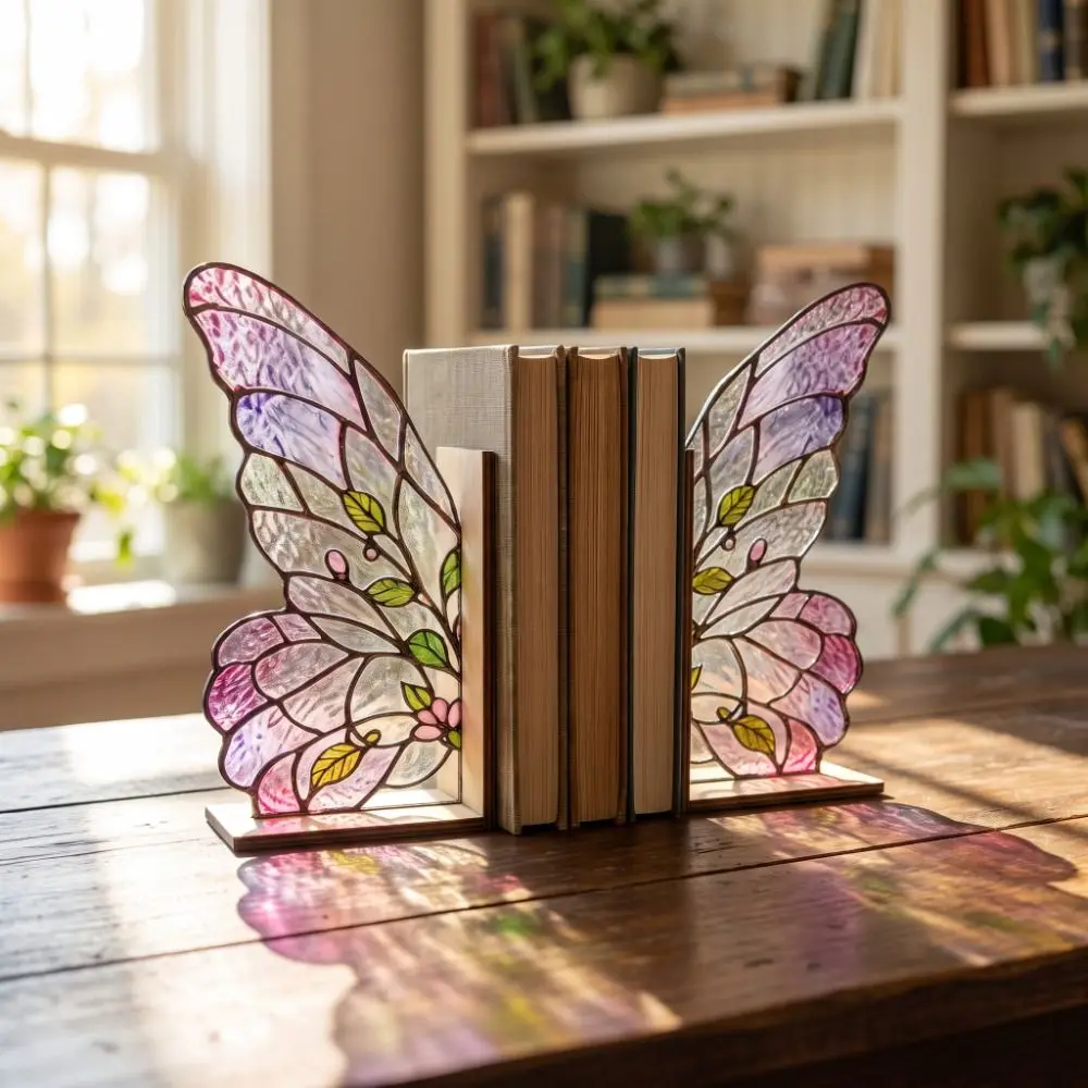 Colorful Butterfly Wings Bookend Set Decorative Acrylic Book Support with Bases Desktop Organizer Book Ornaments Reader Gifts