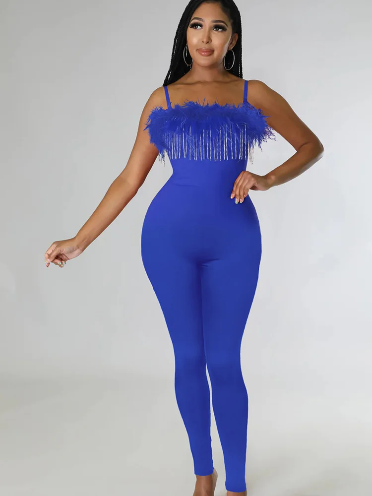 

Sexy Spaghetti Strap Feathers Diamond Tassel Jumpsuits for Women Nightclub Party Strapless Rompers Womens Jumpsuit Evening 2023