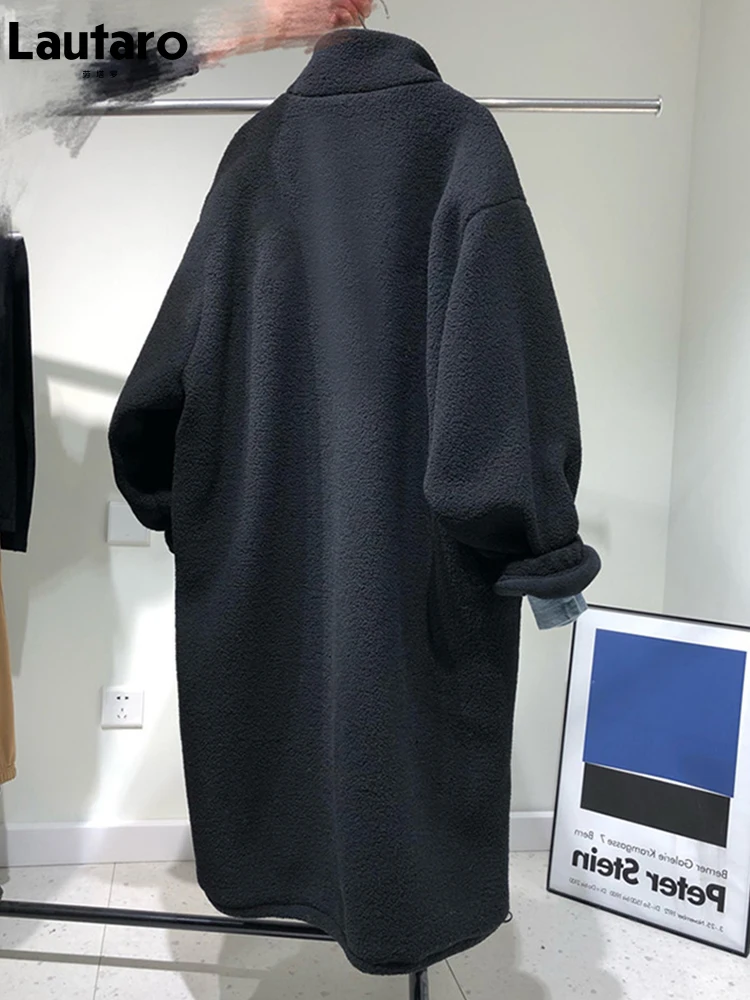 Imagem -02 - Lautaro Inverno Longo Oversized Preto Grosso Quente Fofo Macio Faux Peles Jaqueta Feminina Solto Casual Coreano Moda bf Sherpa Cabolsa 2023