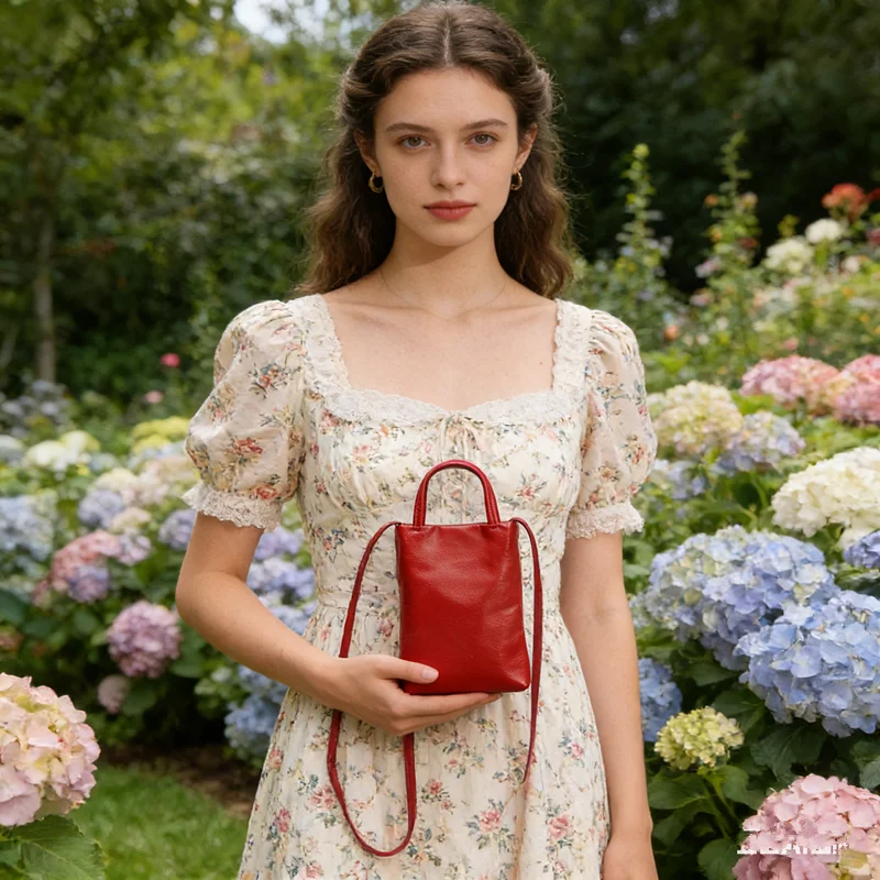 Czerwona skórzana torebka crossbody japońska damska Skórzana torebka Luksusowy design Vintage Bucket Torebki na telefon na ramię i crossbody