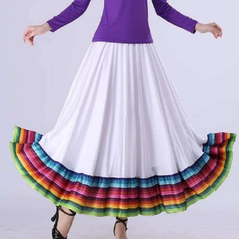 

Womens Folklorico Dance Skirts Spanish Folkloric Mexican Flamenco Full Circle Performance Costume Colorful Stripe Hem Skirt L668