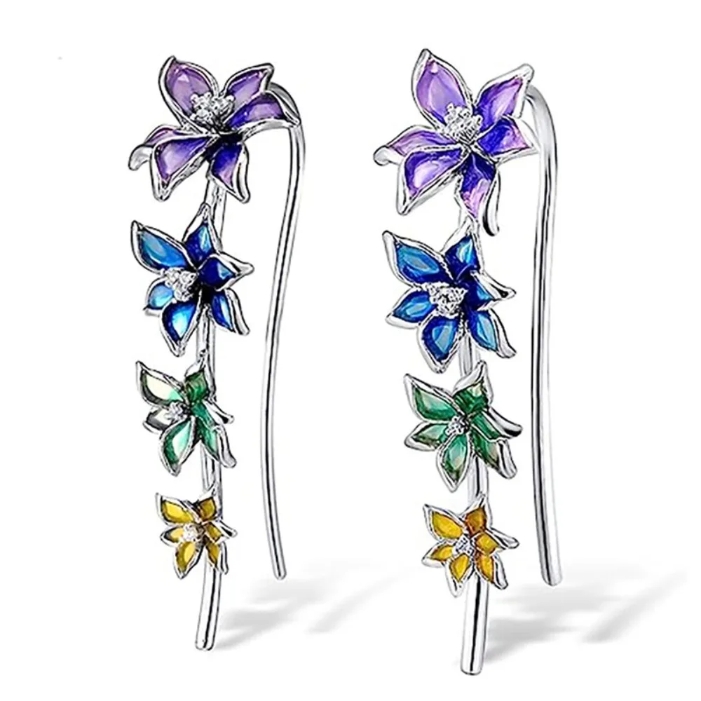 Sweet Exquisite Colored Drip Glaze Zircon Flower Blooming Lily Morning Glory Dangle Earrings for Women Stainless Steel Jewelry
