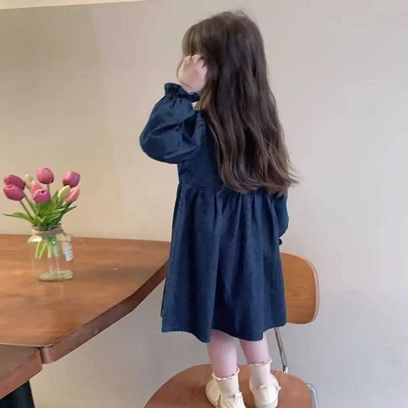 الأطفال الفتيات زهرة التطريز الدنيم اللباس رفض طوق واحدة الصدر الاطفال فتاة اللباس فضفاضة طويلة الأكمام فستان الأميرة