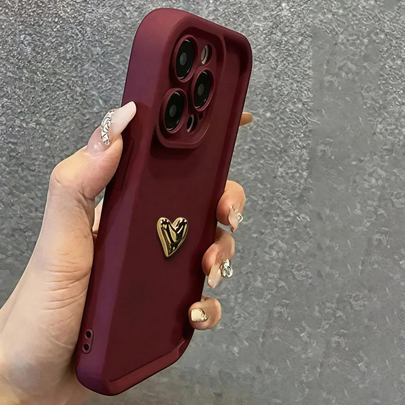 Étui de téléphone protecteur doux et luxueux en 3D avec cœur doré pour iPhone 17 16 15 14 13 12 11 Pro Max XS X XR 7 8 Plus 16E 17 Air