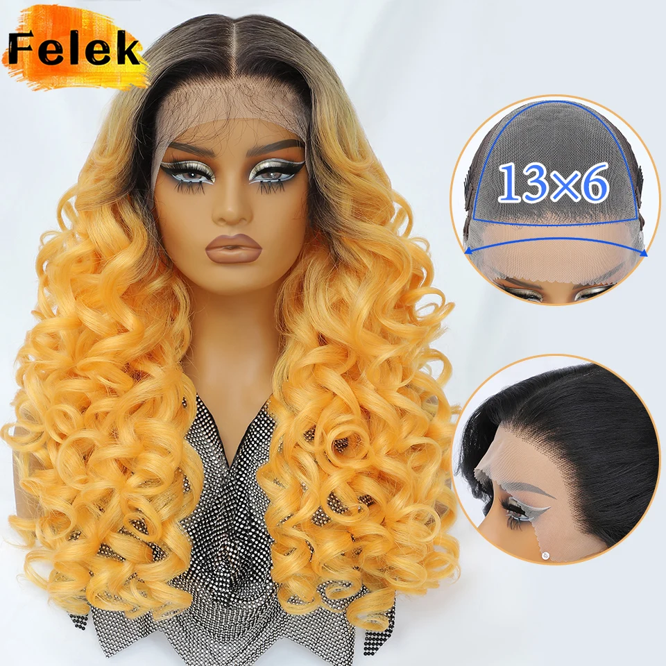 13x6 Synthetic Lace Front Wigs for Halloween Cosplay Party Curly Pre Plucked Highlight HD Lace Frontal Wig with Bangs for Women