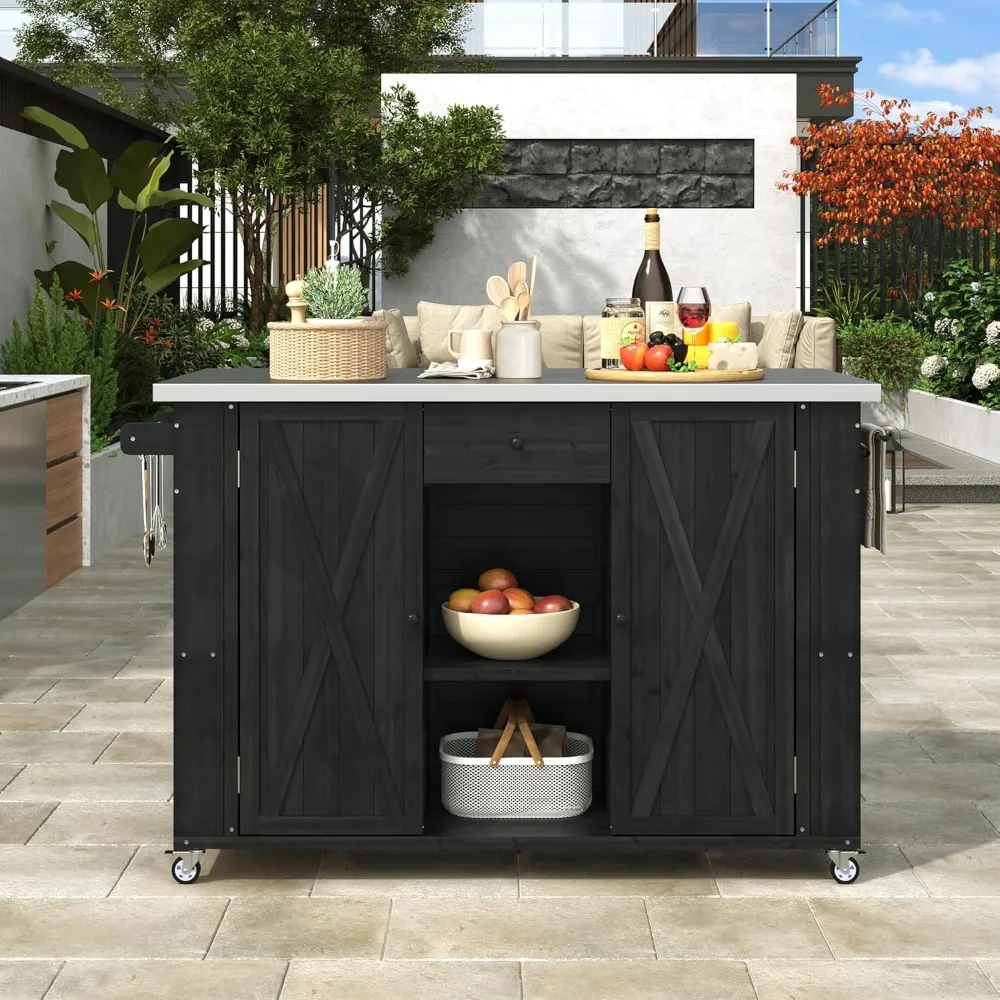 Meja Panggangan Luar Ruangan dari Baja Anti Karat dengan Gerobak Bar Bergaya Pedesaan dan Pulau Dapur dengan Penyimpanan Luas