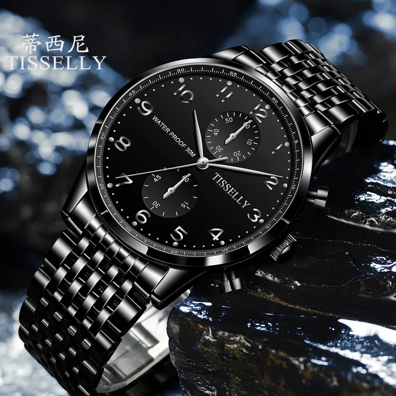 

TISSELLY Quartz Watch for Mens Arabic Numerals Dial cool black luxury business 2024 New Luxury Fashion Casual Men Quartz Watches