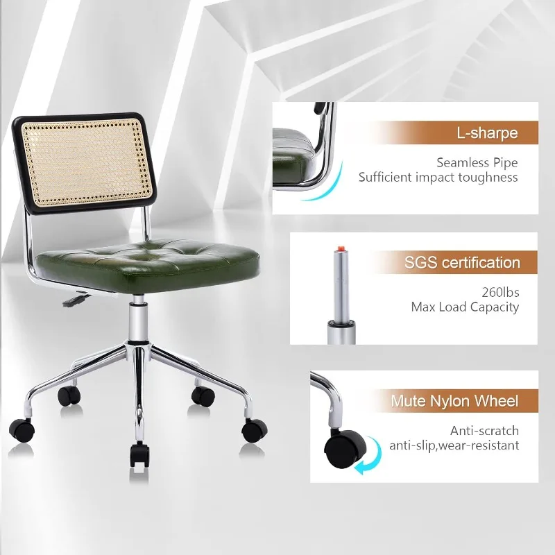 Ergonomic Rattan Back Office Chair Adjustable Swivel Desk Chair with Tufted Faux Leather Seat for Home, Bedroom, Workspace