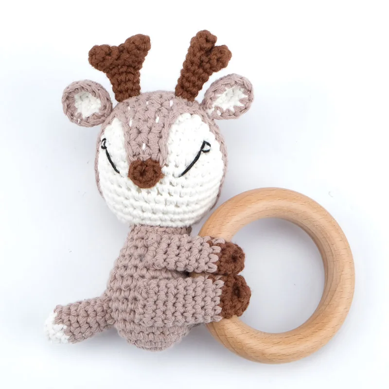 1pc BPA Free DIY Crochet Elk Fox Bee Baby Teether Wooden Teether Ring Rattle Newborn Teething Nursing Soother Molar Educational