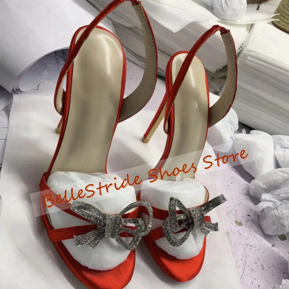 

Red Crystal Bow knot Decor Sandals Open Toe Women Shoes Stilettos High Heels Party Banquet Dating 2025 Zapatos Para Mujere