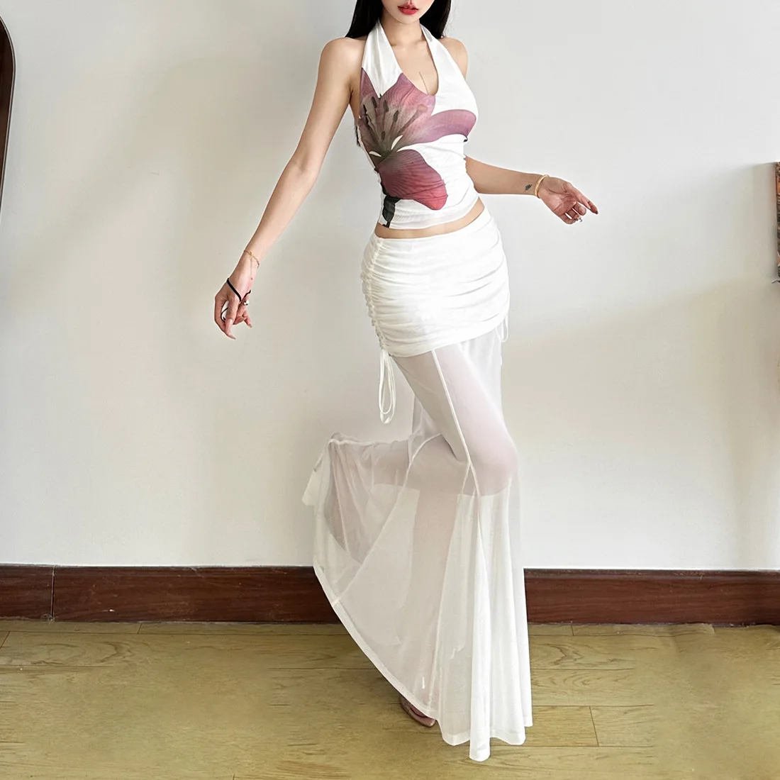 Conjunto de Top Sem Mangas com Estampa de Pls e Saia E de Cintura Alta para Mulheres, Vestido Impro em Fibra de...