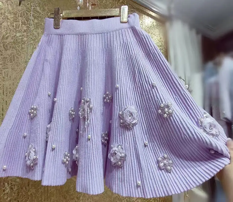 Luxury Style Pearls 3D Flower Stitch Autumn Winter Skirts Trend New High Waist Big Swing Pleated Knitted Skirt Women's Y2K Skirt