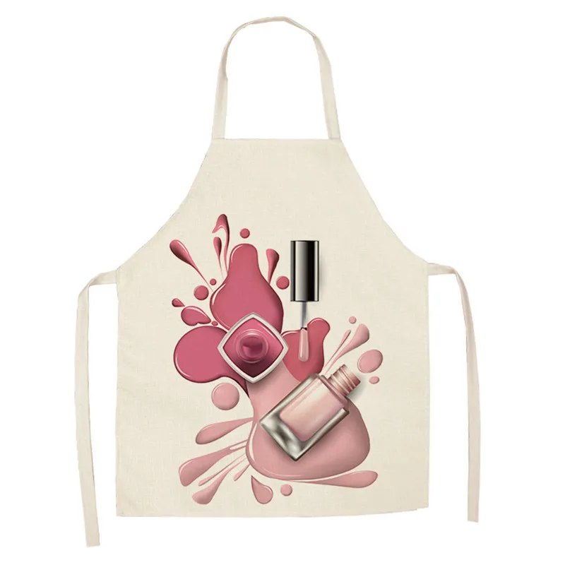 Linen Flower Nail Polish Theme Print Kitchen Aprons Unisex Dinner Party Cooking Bib Funny Pinafore Cleaning Apron