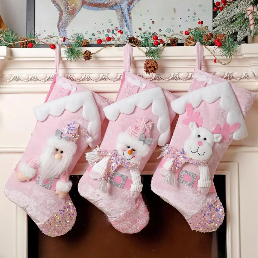 Christmas Stockings Cartoon Santa Claus/Snowman/Reindeer Shiny Sequin Stocking Xmas Tree Hanging Socks for Fireplace Ornament