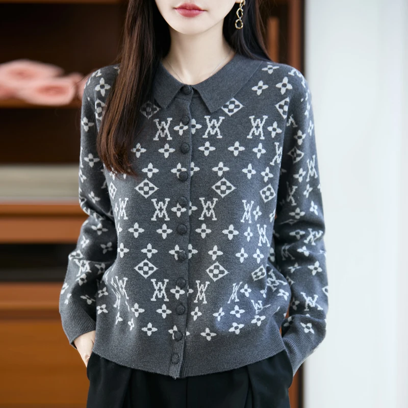 

Женский кардиган из 100% чистой шерсти | Классический однотонный теплый зимний трикотаж с воротником-поло