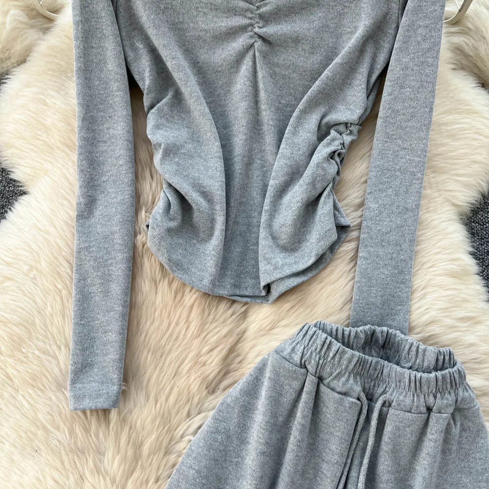 Due pezzi Set di pantaloni da donna Set coordinati solidi Colletto quadrato Flods Top Pantaloni a gamba larga a vita alta Allentati Casual 2025 Autunno Inverno