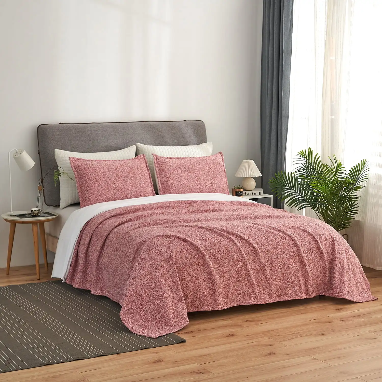 

Knit Blanket King Size with 2 Shams Lightweight Fuzzy Jersey Blanket, 90X108, Red