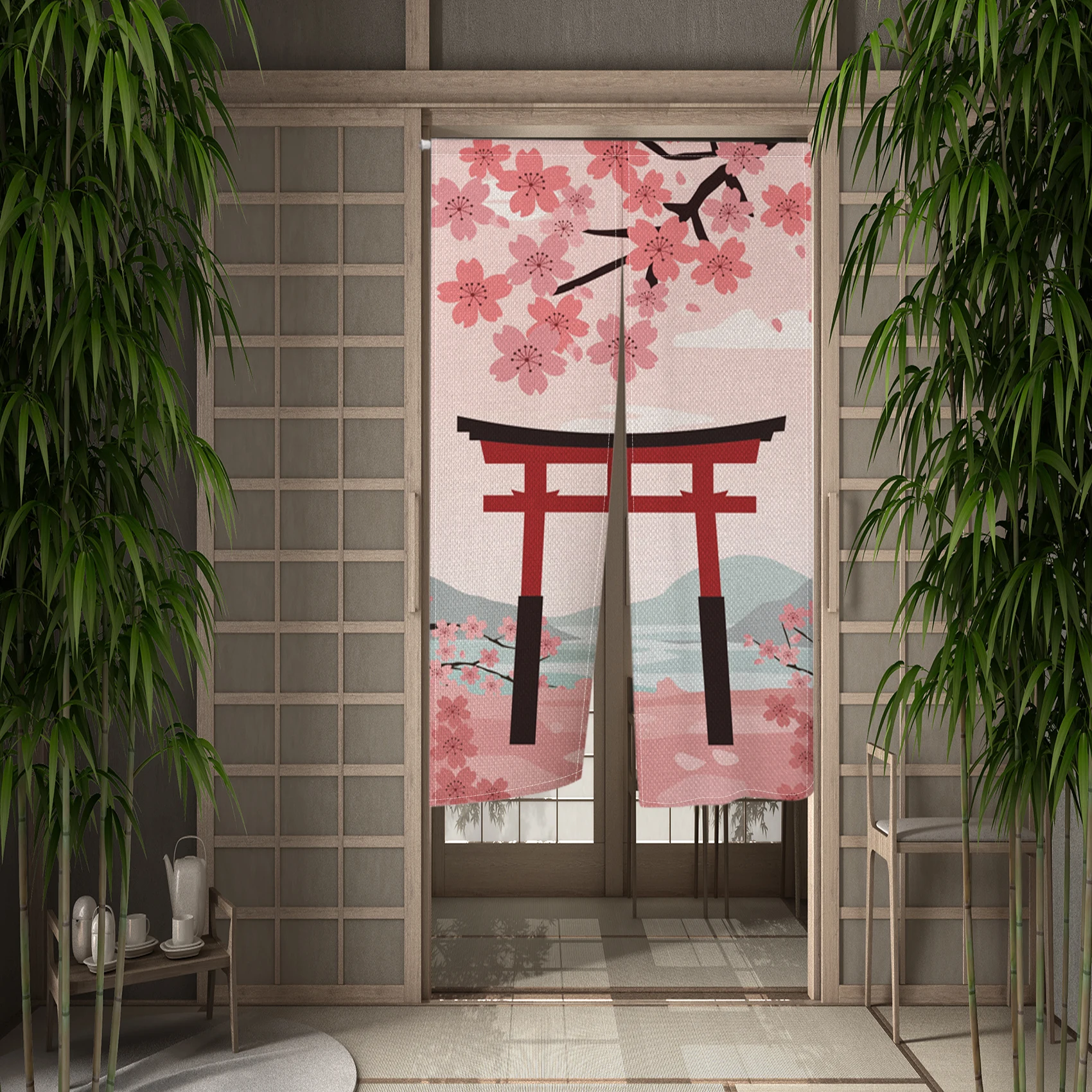 Japanese Cherry Blossom Noren Door Curtains Mount Fuji Linen Doorway Curtains For Home Decor Room Divider Split Half Curtains