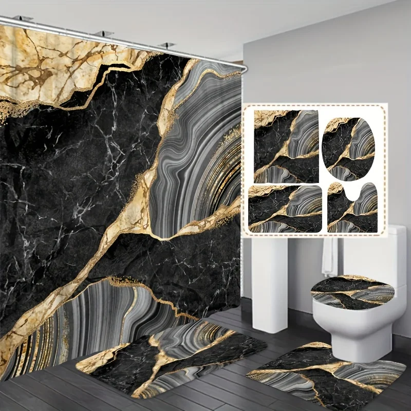 1/4pcs Black & Golden Marble Pattern Set, Shower Curtain With 12 Hooks, Non-Slip Bath , U-Shaped Toilet Mat, T