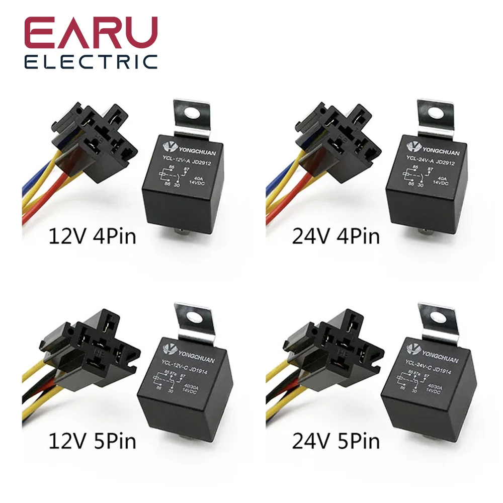 Waterproof Automotive Relay 12V 24V 4pin 5pin 4P 5P 40A Car Relay With Black Red Copper Terminal Auto Relay With Relay Socket