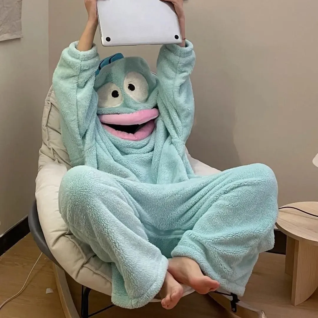 Big Mouth Monster Coral Fleece Onesie Pyjama Dames Winter Verdikte Cartoon Grappige Kawaii Abstract Paar Nachtkleding Loungewear