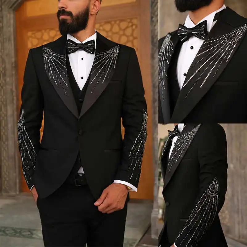 Fashion Rhinestone Men Wedding Suits Single Breasted Tuxedos Groom Party 3 Pcs Blazer Pants Vest Business Party Customized Suit