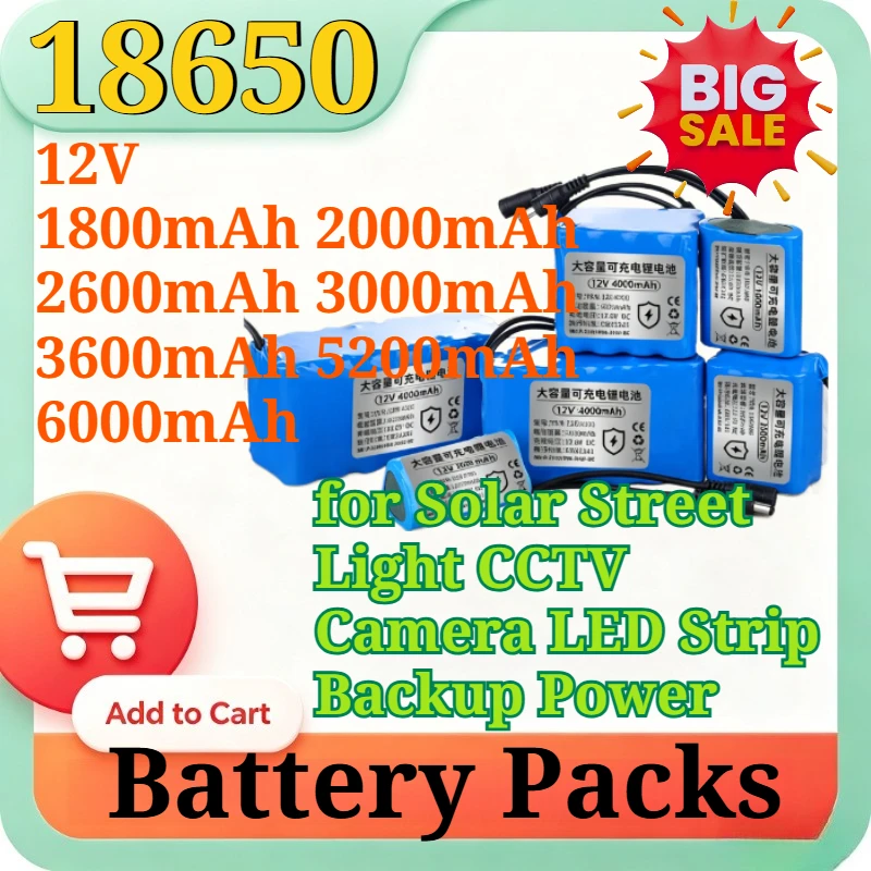12V 1800-6000mAh Rechargeable 18650 Li-ion Battery Pack with BMS Protection for Solar Street Light CCTV Camera LED Strip Backup