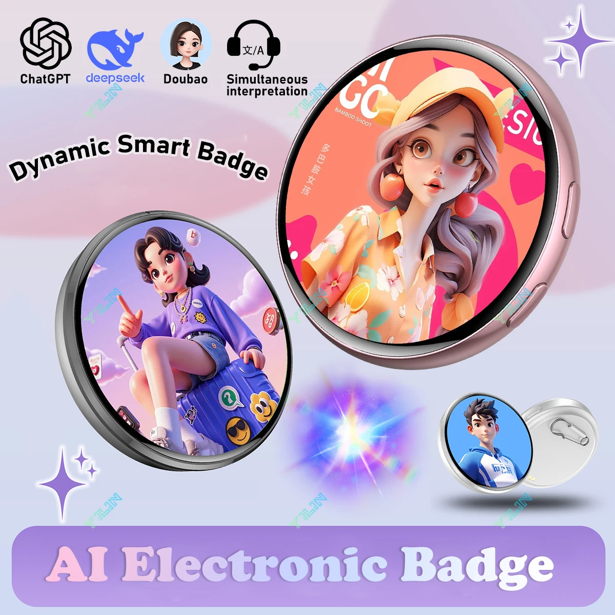 Smart AI Anime E-Badge 1.7inch Large Display Pin Dynamic Electronic Cyber Badge Digital Display Dynamic Gift For Otaku Idol Fans