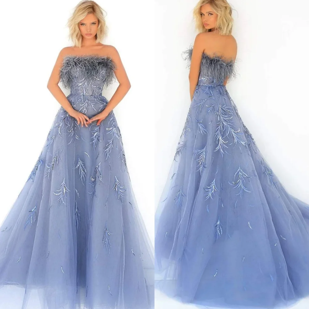 

Customized Organza Applique Tassel Feather Cocktail Party A-line Strapless Bespoke Occasion Gown Long Dresses