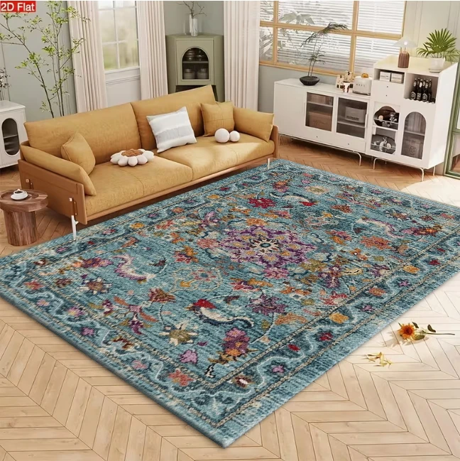 Boho Turquoise Oriental Floral Medallion Area Rug Colorful Vintage Non‑Slip Carpet Floor Mat for Living Room Bedroom Home Decor