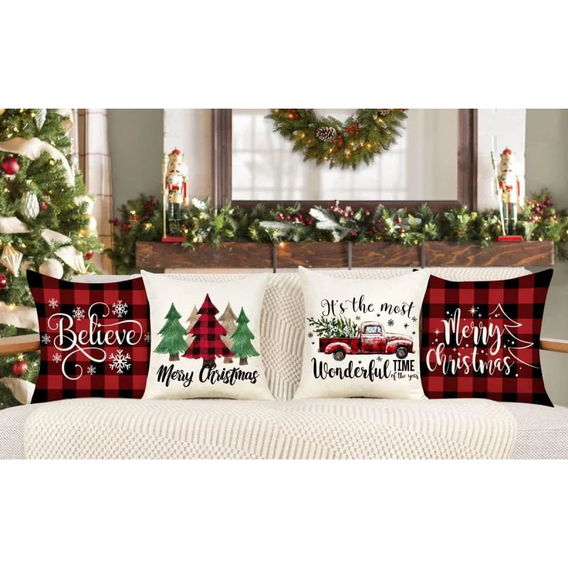 4TH Emotion Buffalo Check Christmas Pillowcase Set of 4 Red and Black Farmhouse Winter Decoration Home Sofa Cushion Cover