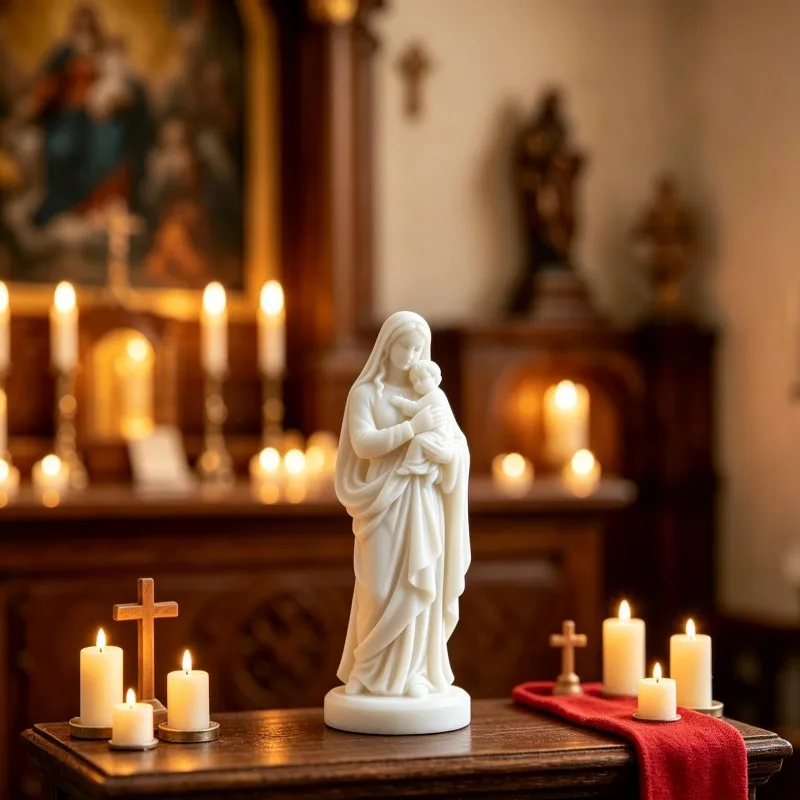 Virgin Mary Statue Catholic Jesus Figurine 3D Printed White Religious Sculpture Blessed Mother Holding Baby Home Shrine Decor