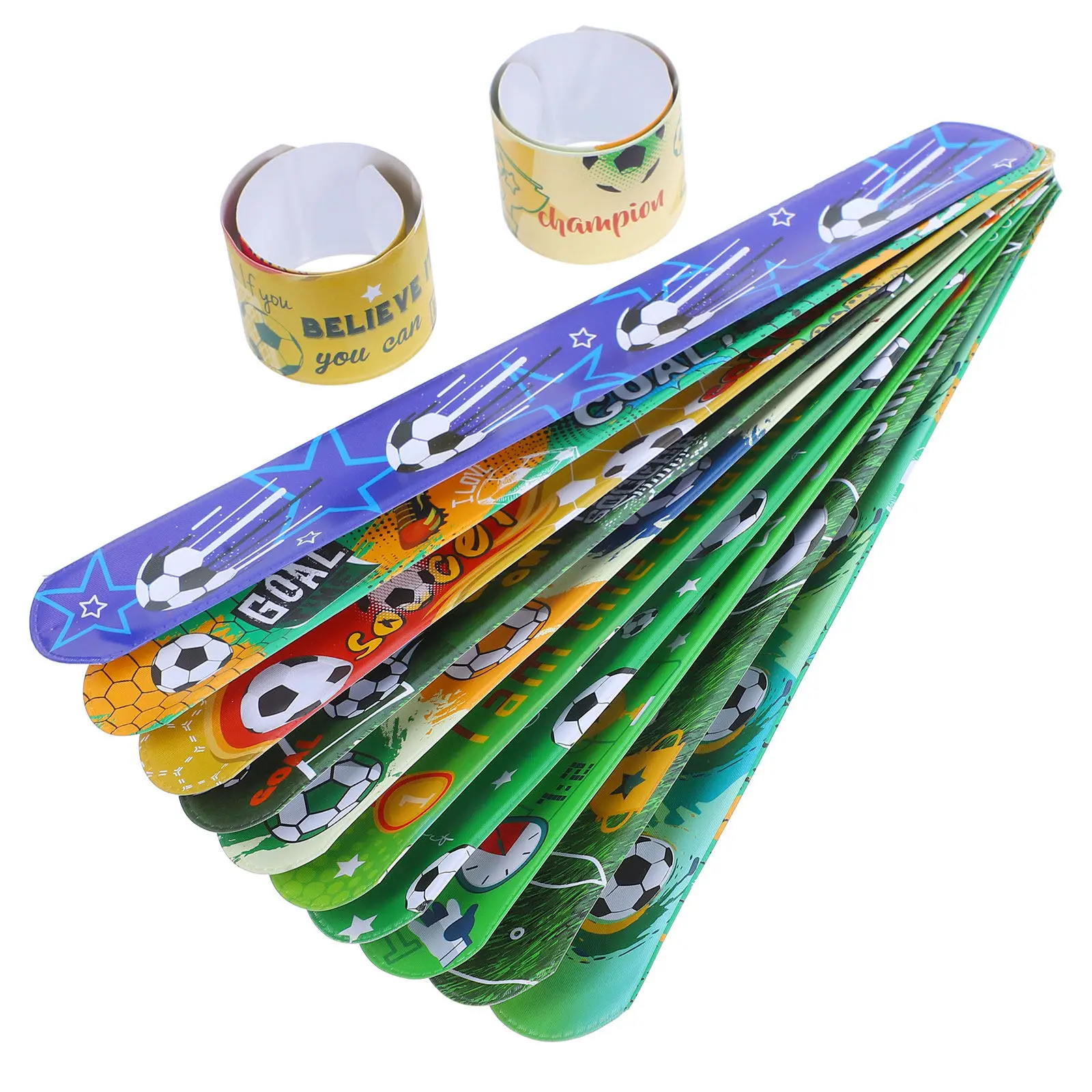 

12 шт. легких браслетов-слэпов из ПВХ с футбольной тематикой, с принтом, для вечеринок, декоративные, с футбольным дизайном, сувениры для футбольных вечеринок