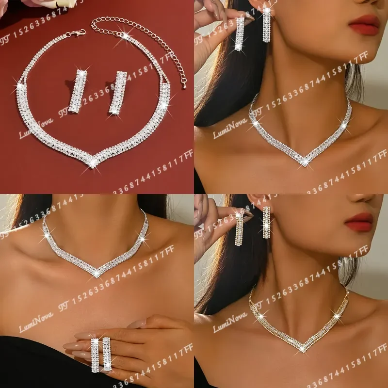Luxury V-Neck Women Jewelry Set Choker Necklace Long Drop Earrings Wedding Banquet Party Dress Accessories